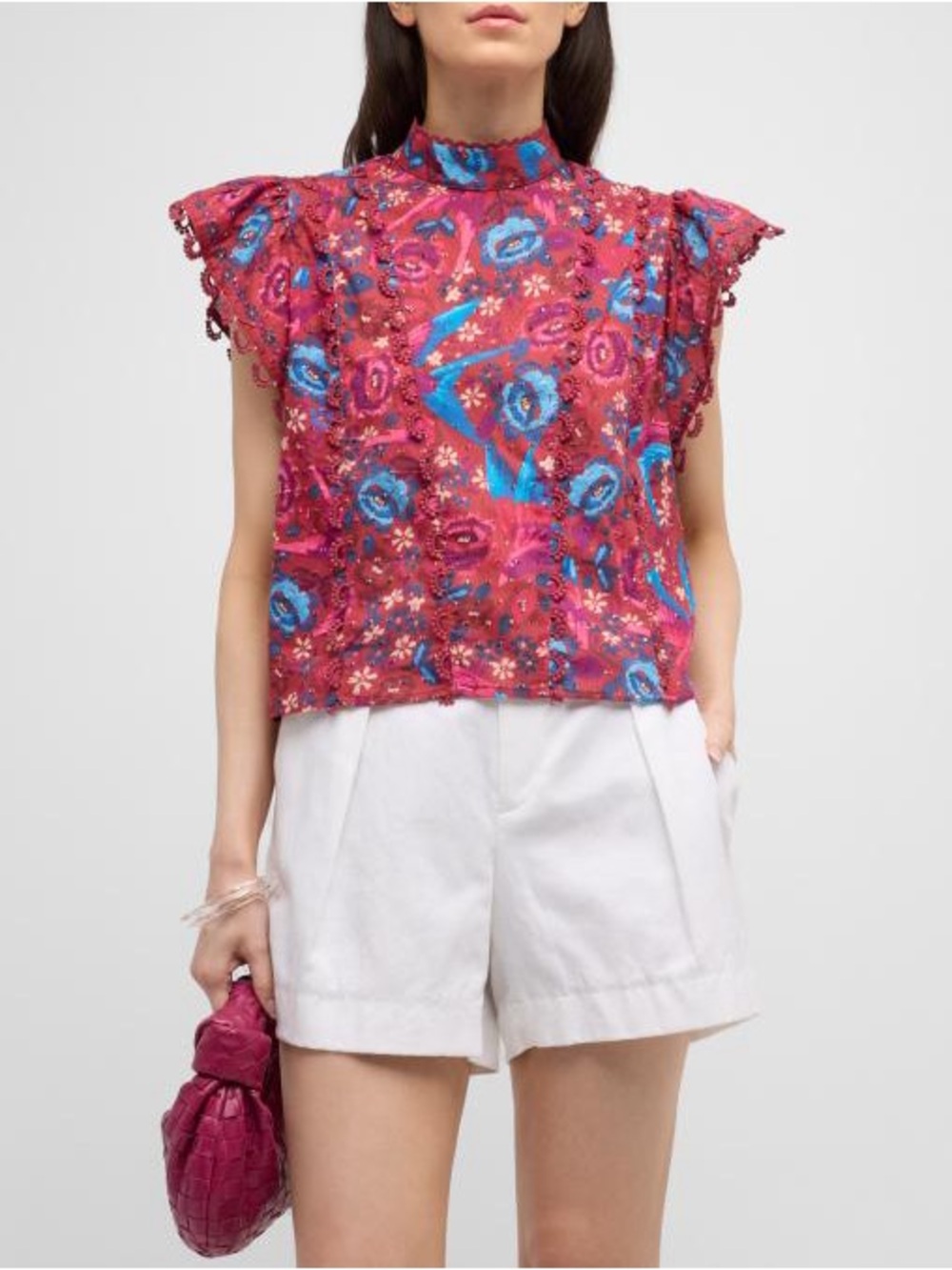 FARM Rio Pink Floral Birds Blouse High Neck Size Large